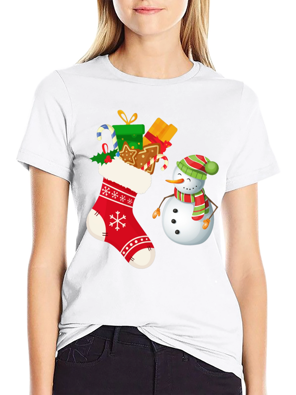 Festive Christmas Stocking & Snowman Graphic Tee