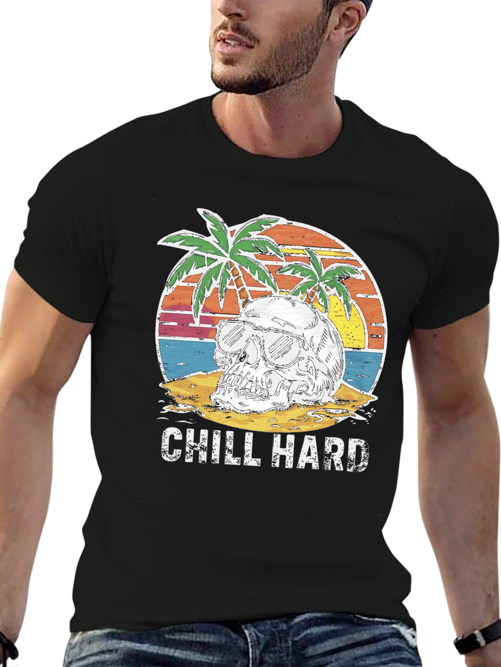 Chill Hard Skull Beach Graphic T-Shirt