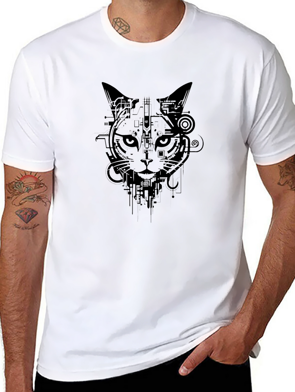 Cyber Cat Graphic Tee - Stylish Black T-Shirt