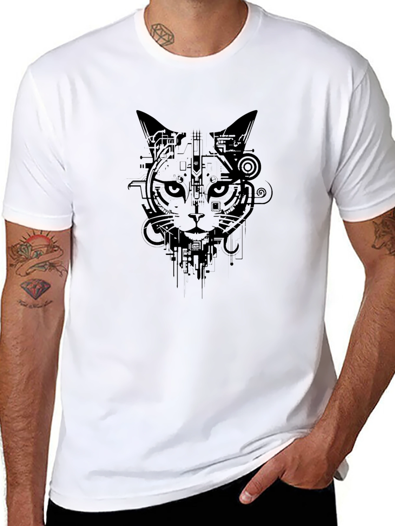 Cyber Cat Graphic Tee - Stylish Black T-Shirt