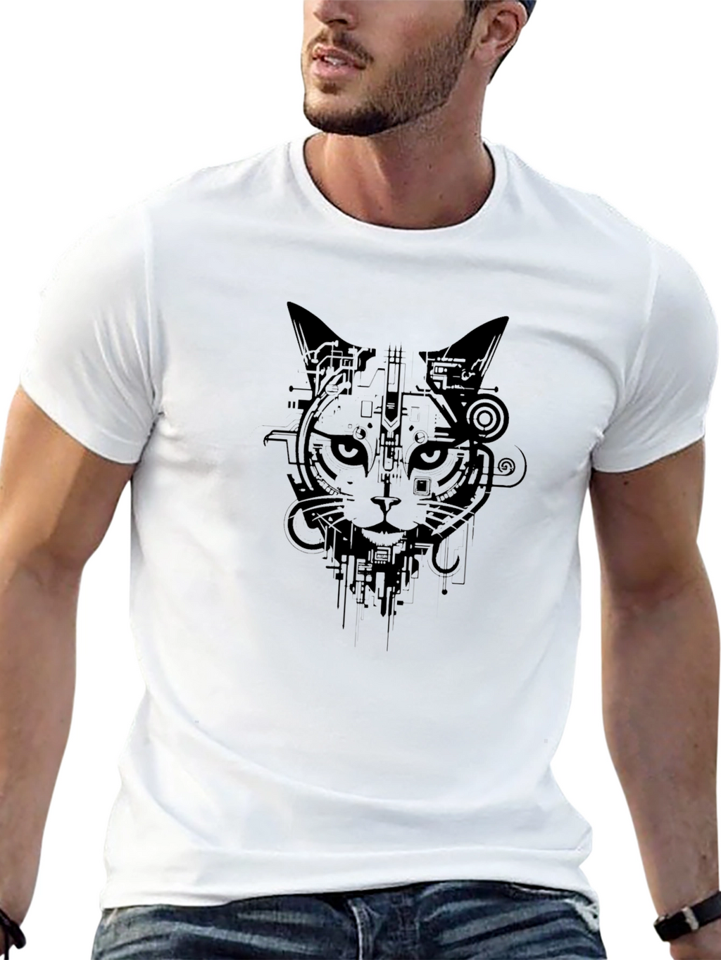 Cyber Cat Graphic Tee - Stylish Black T-Shirt