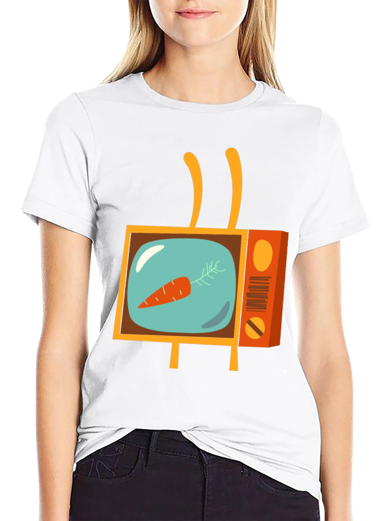 Retro Carrot TV Graphic Tee - Black Cotton T-Shirt
