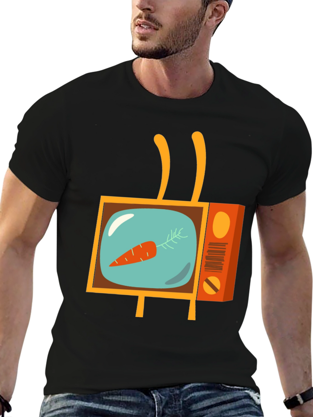Retro Carrot TV Graphic Tee - Black Cotton T-Shirt
