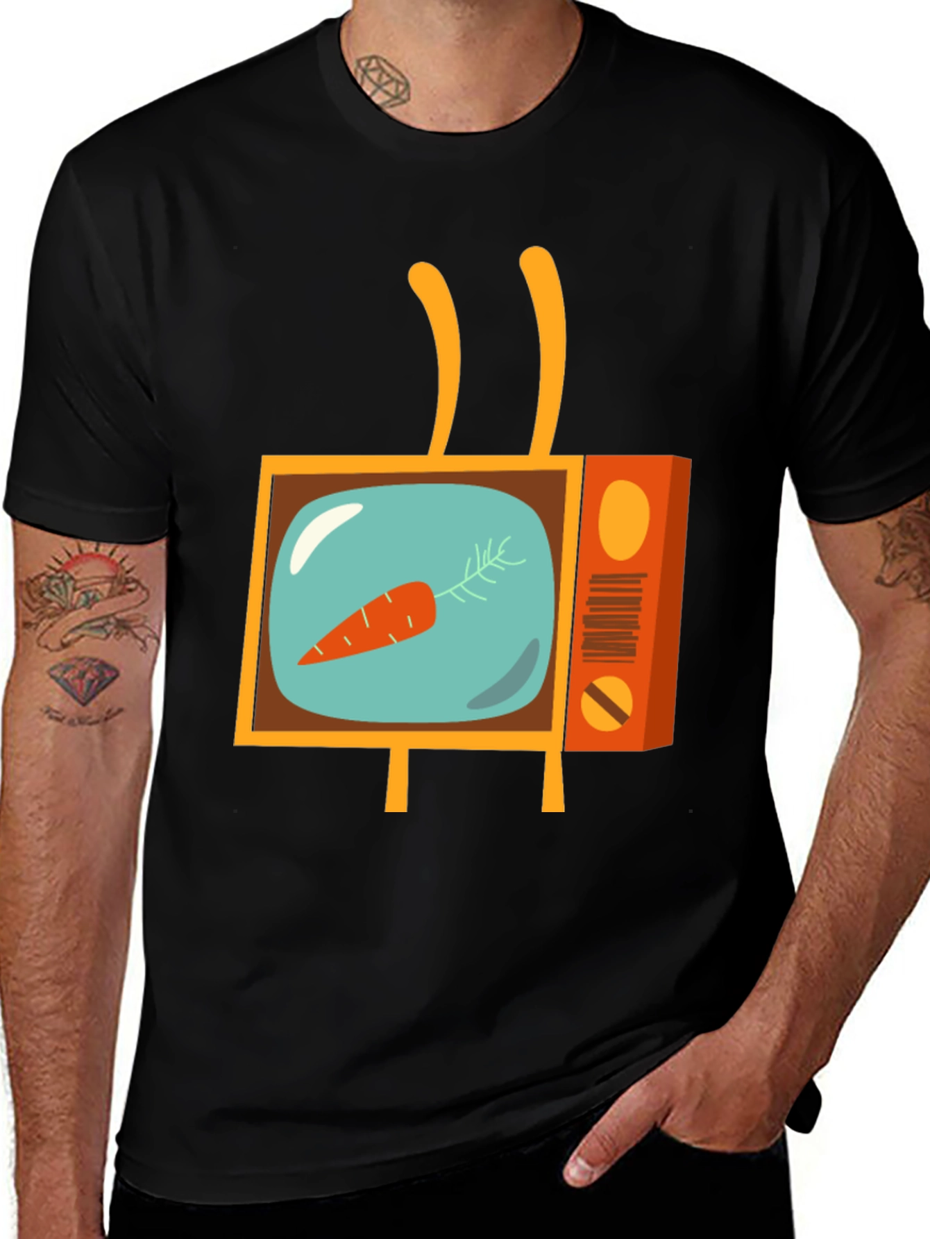 Retro Carrot TV Graphic Tee - Black Cotton T-Shirt