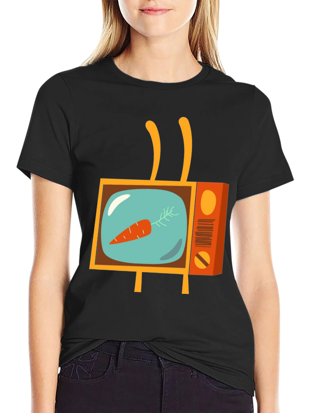 Retro Carrot TV Graphic Tee - Black Cotton T-Shirt