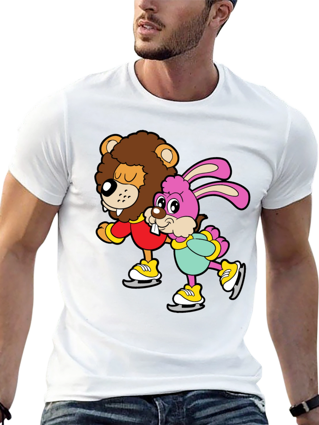 Lion & Bunny Ice Skating Cartoon Graphic T-Shirt