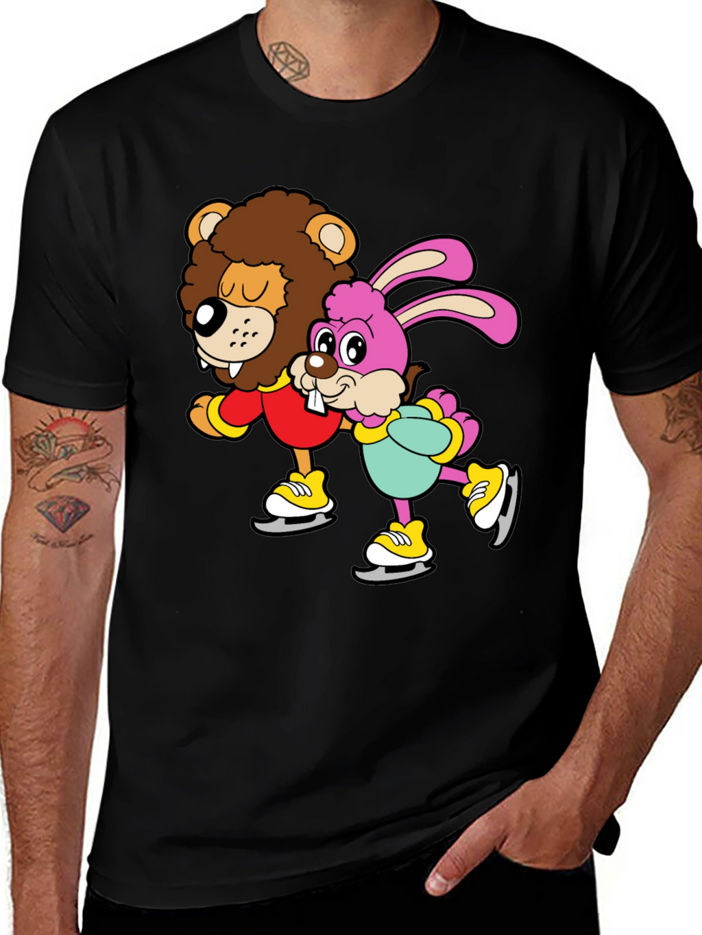 Lion & Bunny Ice Skating Cartoon Graphic T-Shirt