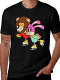 Lion & Bunny Ice Skating Cartoon Graphic T-Shirt