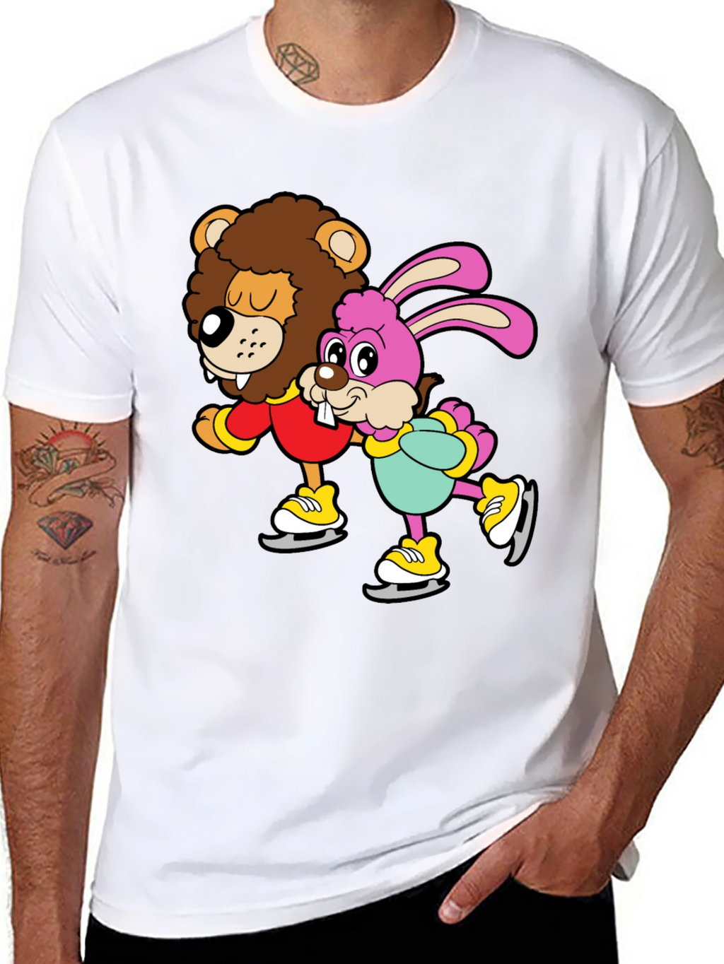 Lion & Bunny Ice Skating Cartoon Graphic T-Shirt