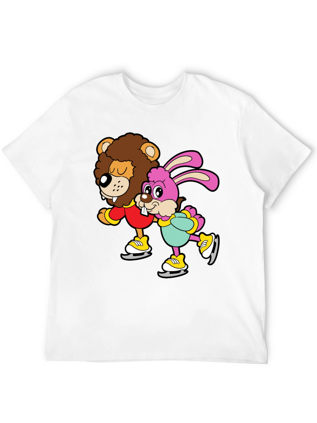 Lion & Bunny Ice Skating Cartoon Graphic T-Shirt