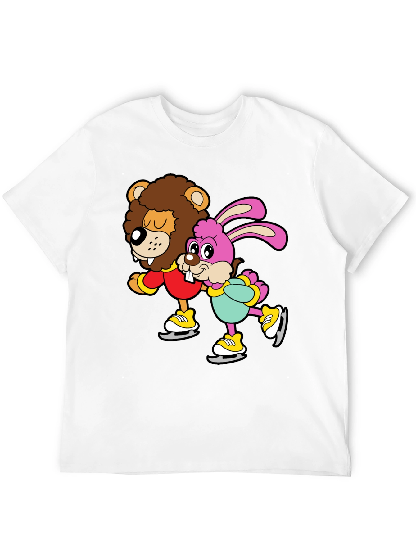 Lion & Bunny Ice Skating Cartoon Graphic T-Shirt