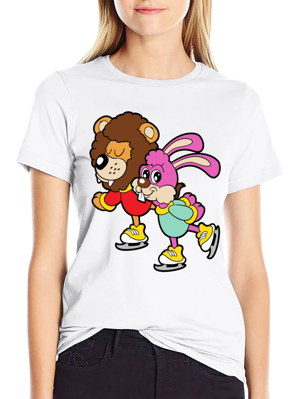 Lion & Bunny Ice Skating Cartoon Graphic T-Shirt