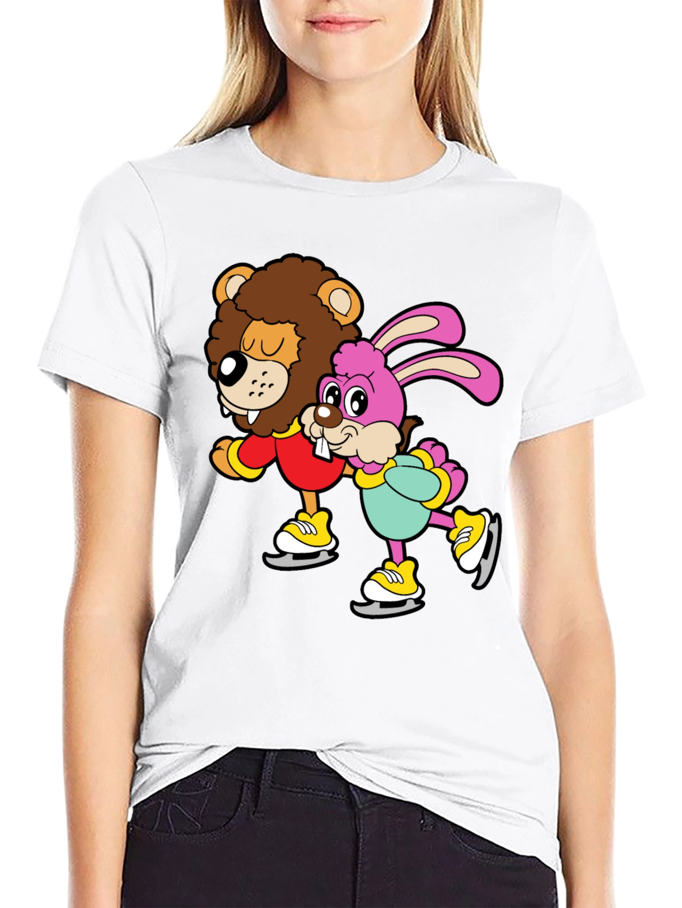Lion & Bunny Ice Skating Cartoon Graphic T-Shirt