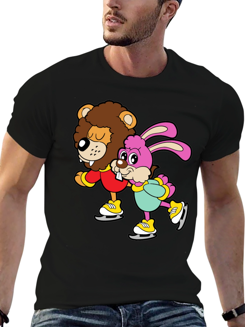 Lion & Bunny Ice Skating Cartoon Graphic T-Shirt