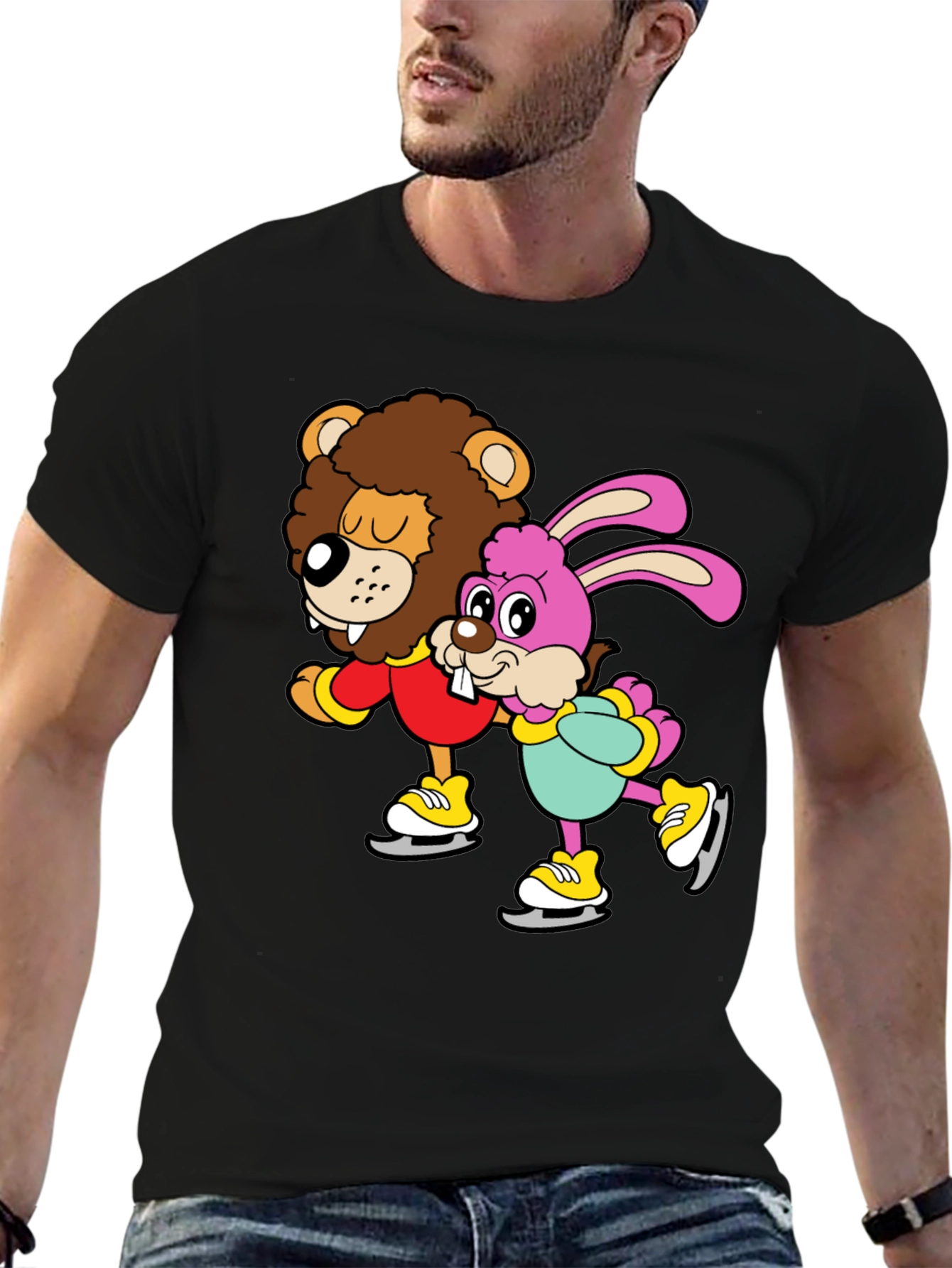 Lion & Bunny Ice Skating Cartoon Graphic T-Shirt