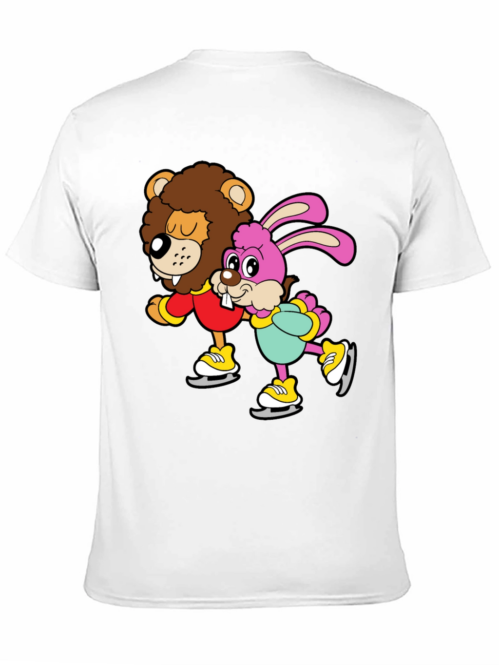 Lion & Bunny Ice Skating Cartoon Graphic T-Shirt