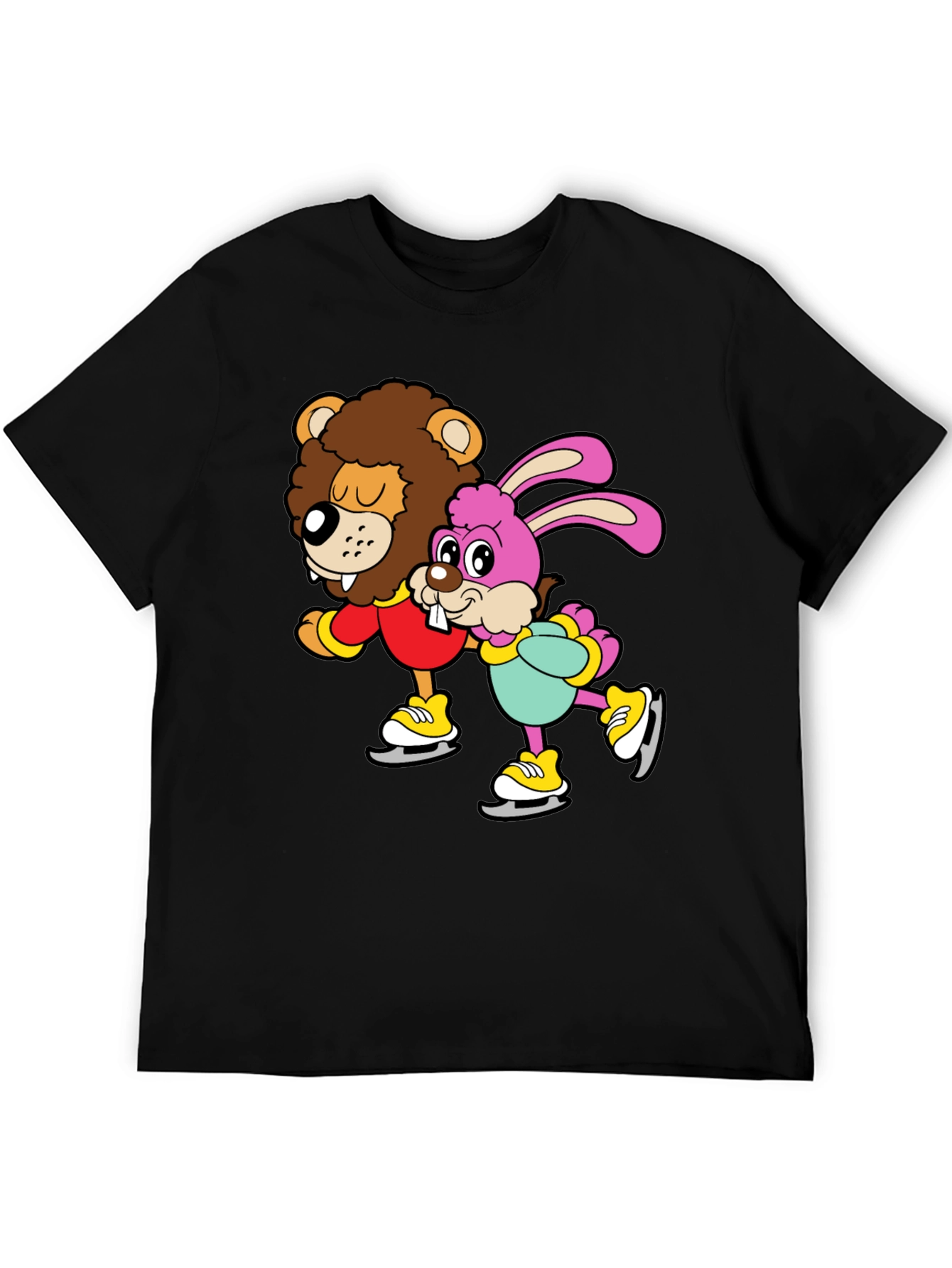 Lion & Bunny Ice Skating Cartoon Graphic T-Shirt