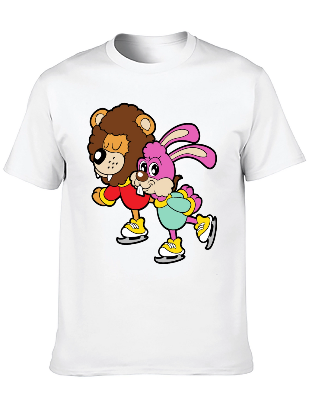 Lion & Bunny Ice Skating Cartoon Graphic T-Shirt