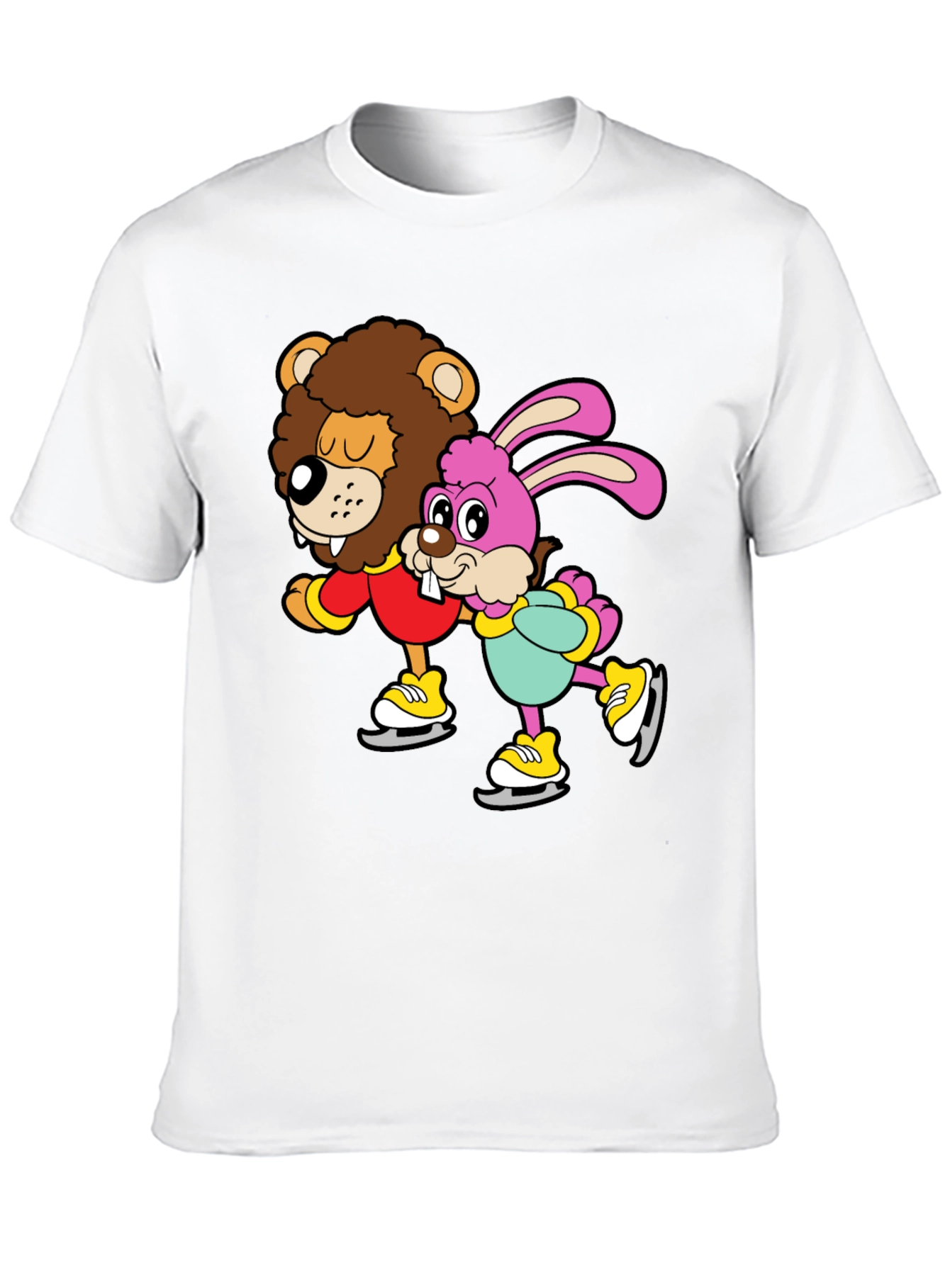 Lion & Bunny Ice Skating Cartoon Graphic T-Shirt
