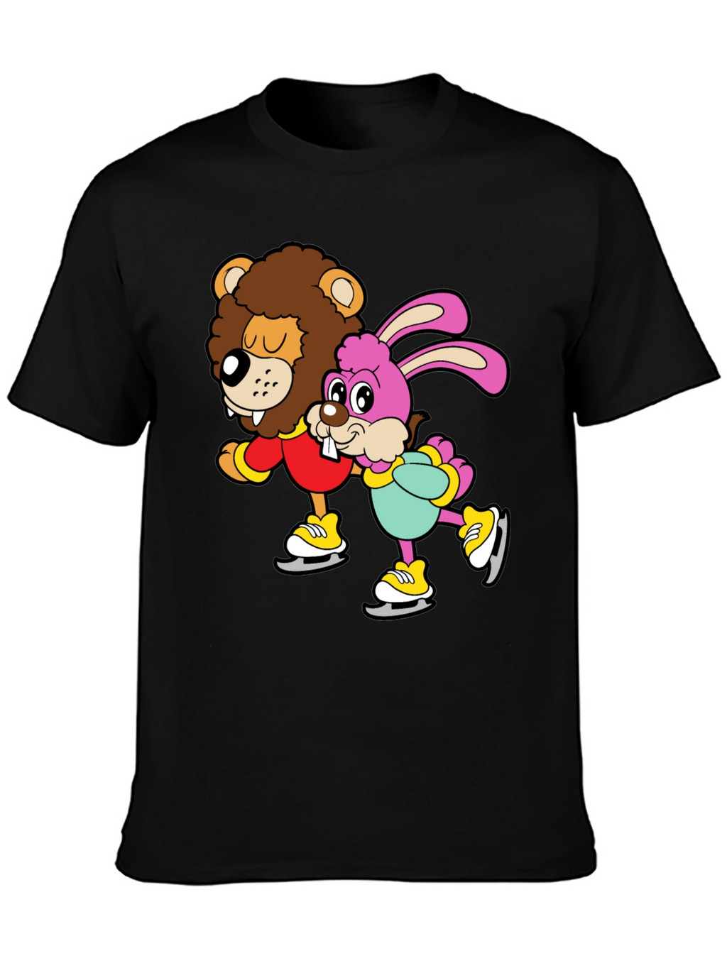 Lion & Bunny Ice Skating Cartoon Graphic T-Shirt