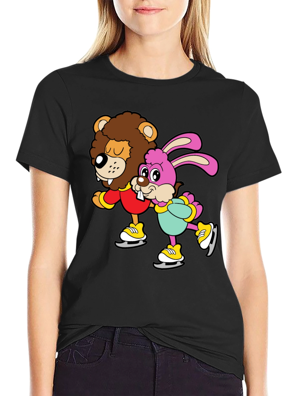 Lion & Bunny Ice Skating Cartoon Graphic T-Shirt