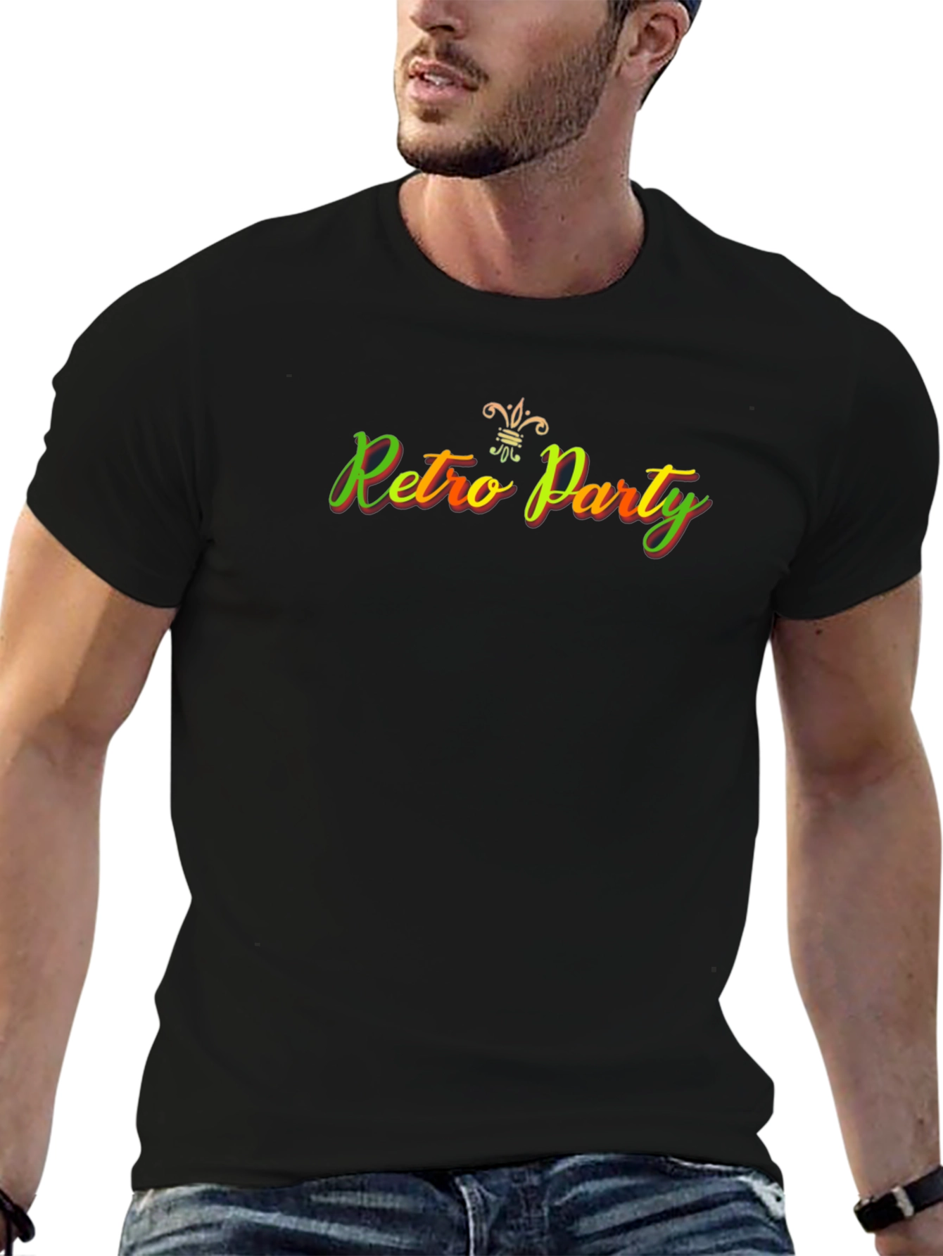 Retro Party Graphic T-Shirt - Black Crew Neck Tee