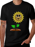 Happy Sunflower Graphic Tee - Black Cotton T-Shirt