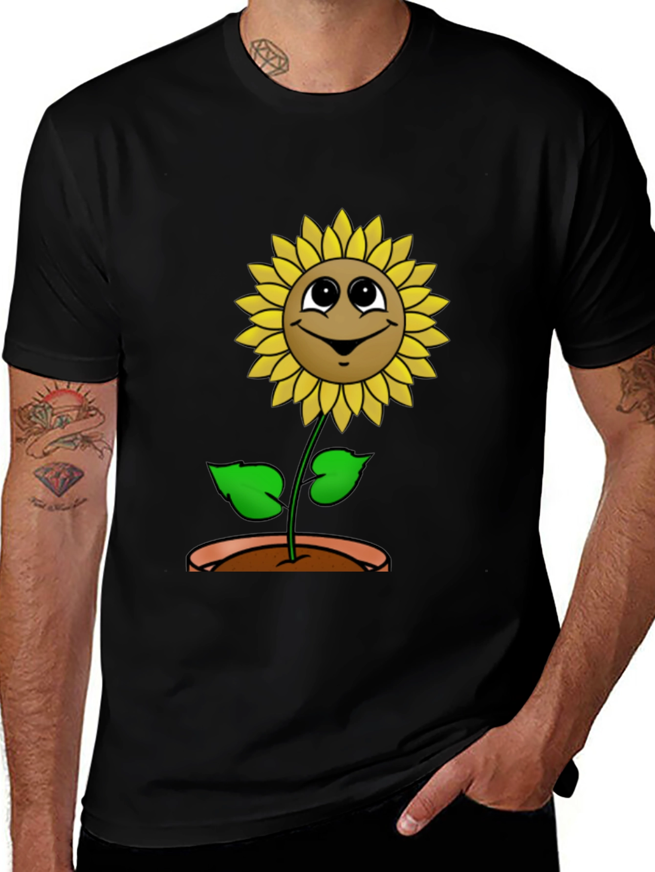 Happy Sunflower Graphic Tee - Black Cotton T-Shirt