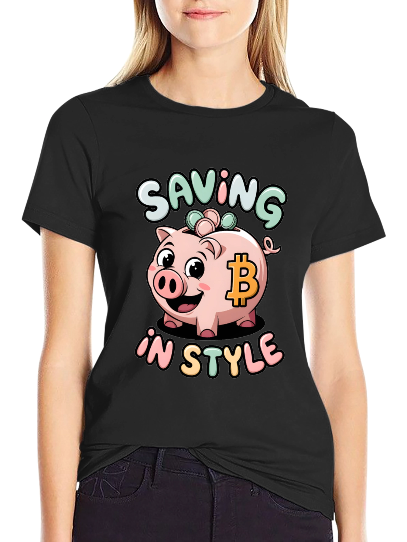 Saving in Style Piggy Bank Bitcoin Graphic T-Shirt