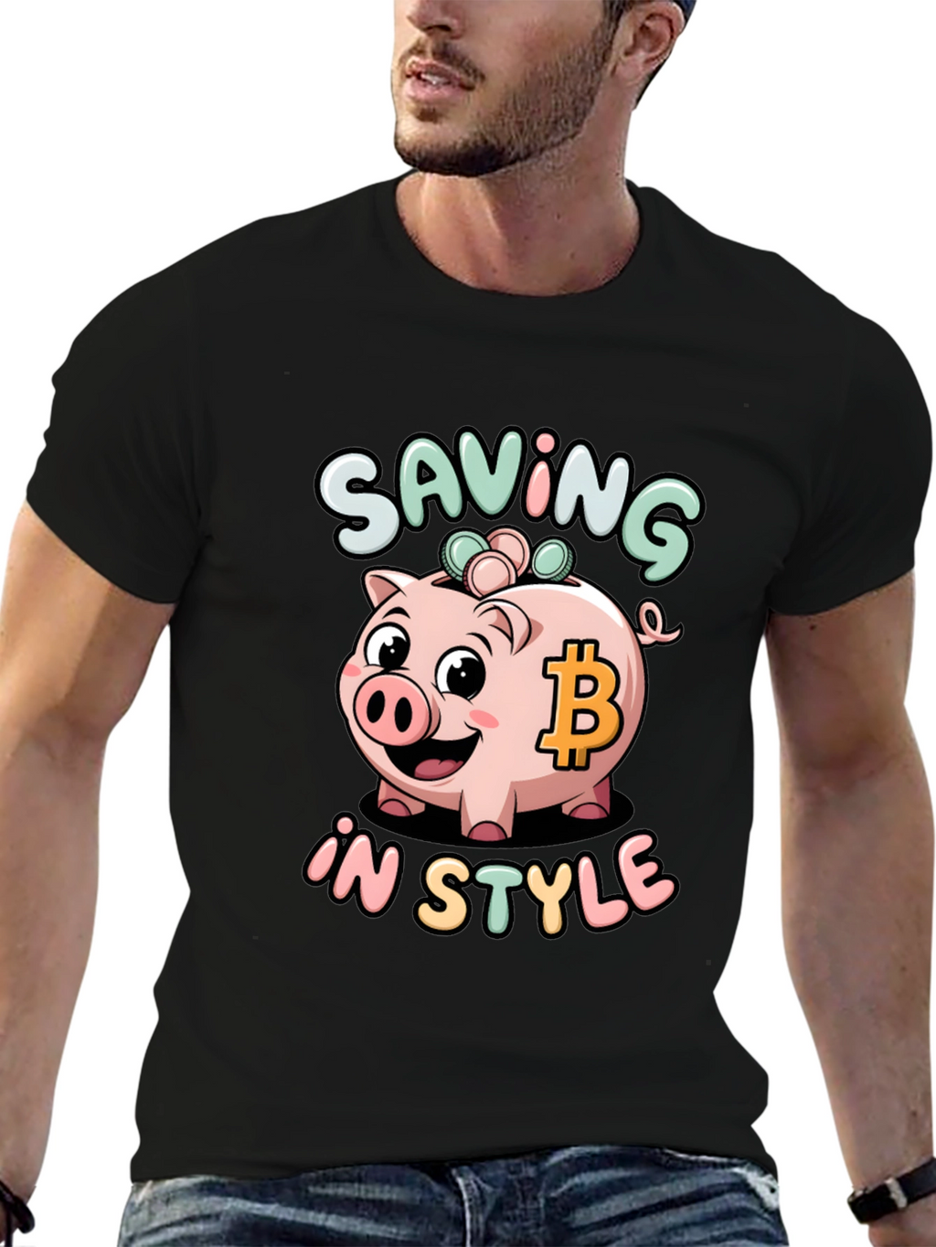 Saving in Style Piggy Bank Bitcoin Graphic T-Shirt