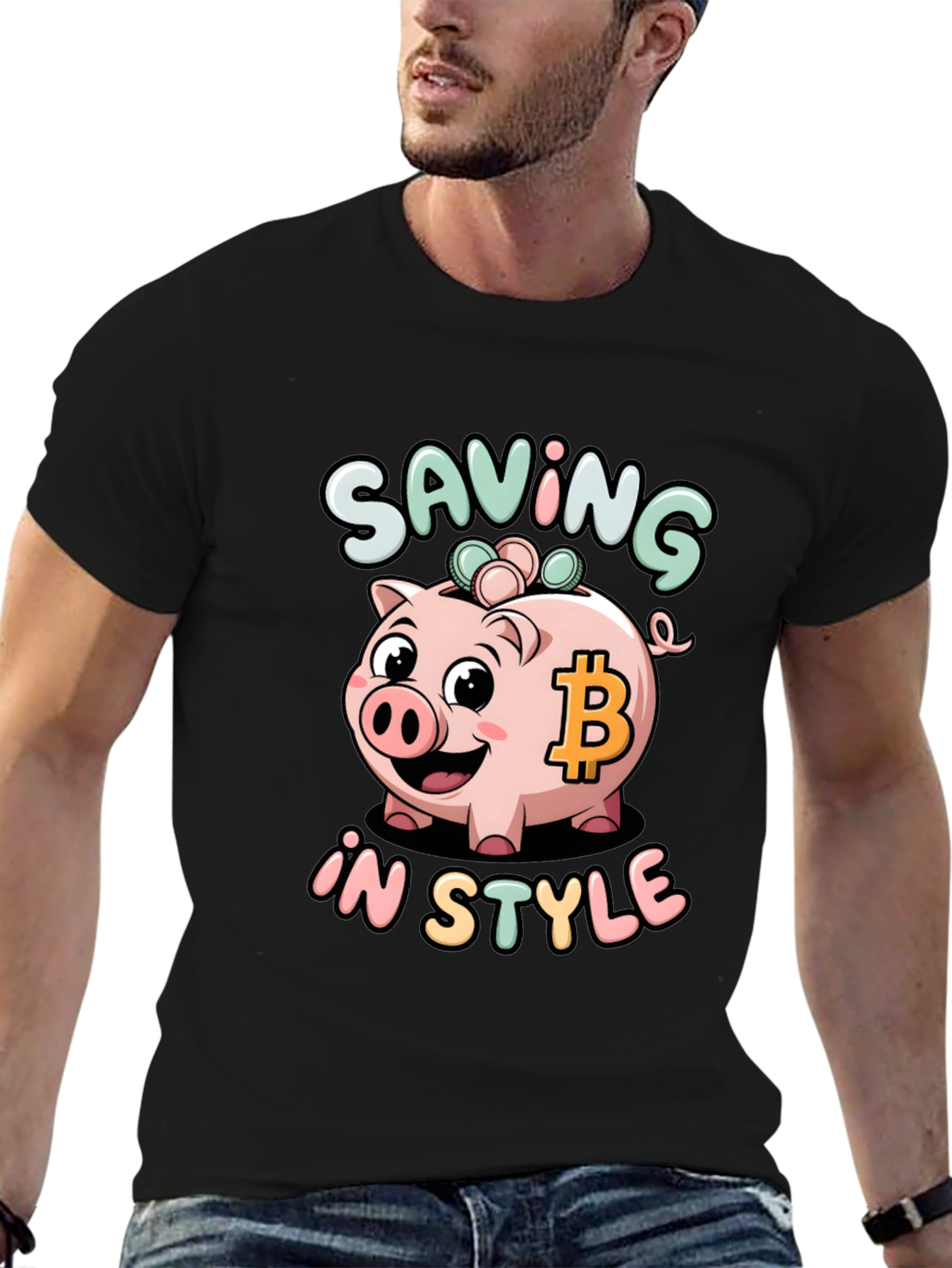 Saving in Style Piggy Bank Bitcoin Graphic T-Shirt