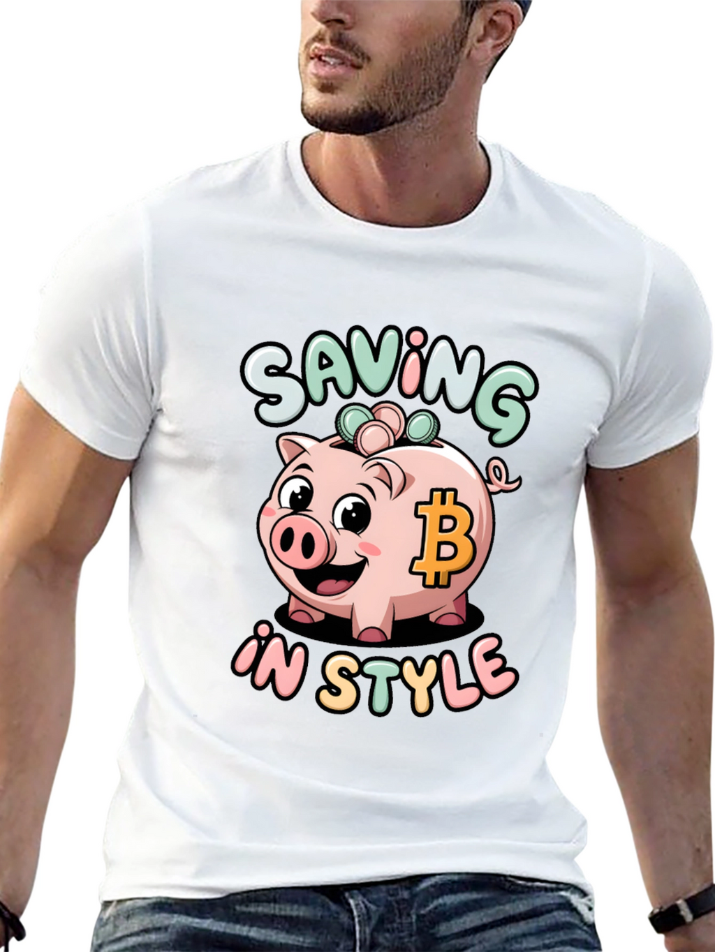 Saving in Style Piggy Bank Bitcoin Graphic T-Shirt