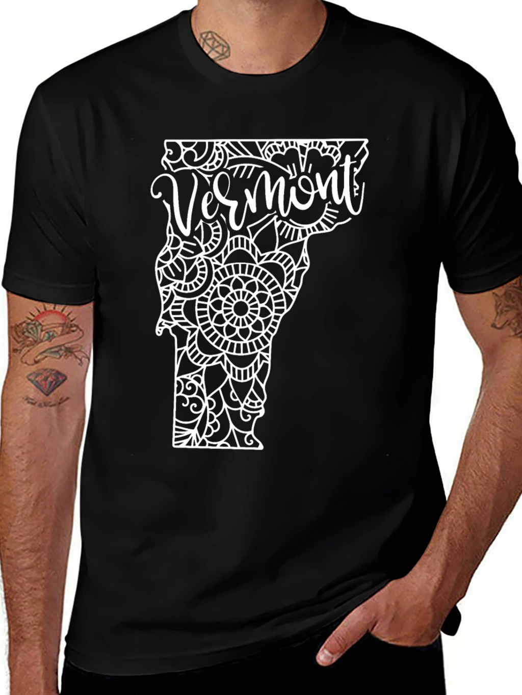 Vermont State Mandala Art Black T-Shirt