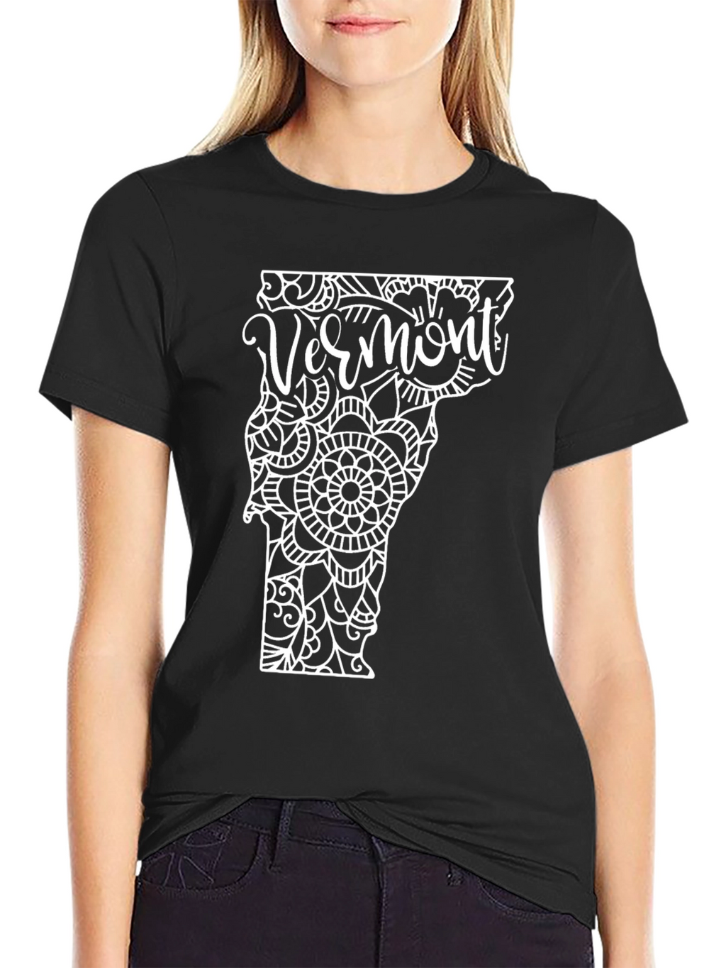 Vermont State Mandala Art Black T-Shirt