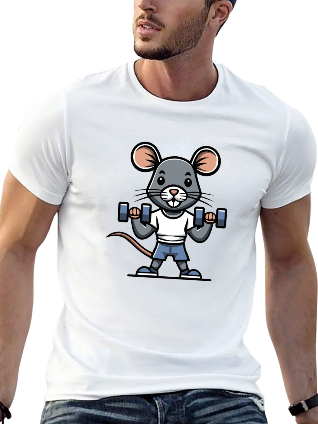 Mouse Lifting Weights Graphic Tee - Black Cotton