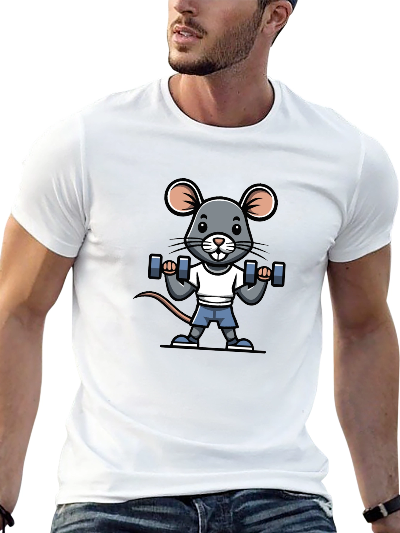Mouse Lifting Weights Graphic Tee - Black Cotton