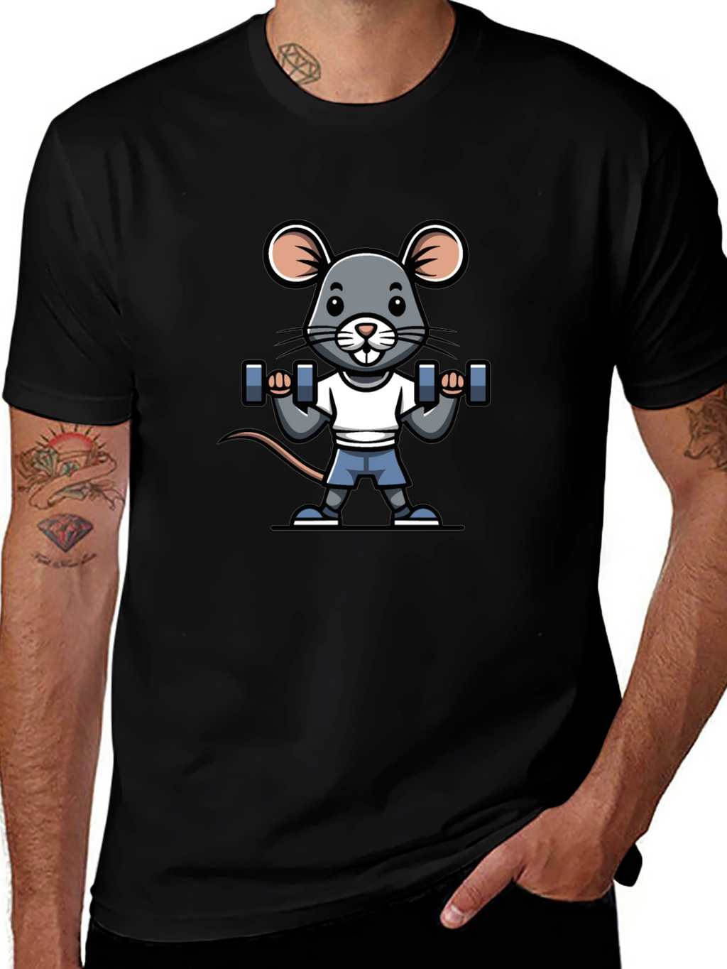 Mouse Lifting Weights Graphic Tee - Black Cotton