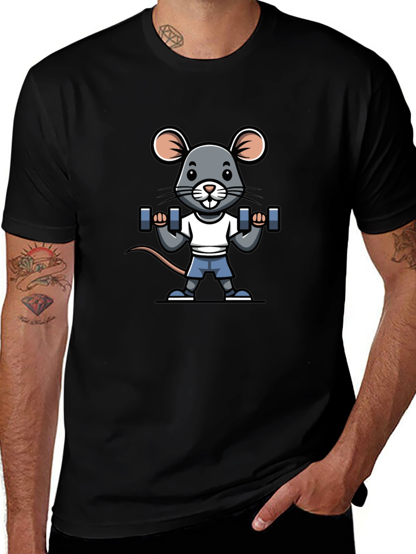 Mouse Lifting Weights Graphic Tee - Black Cotton