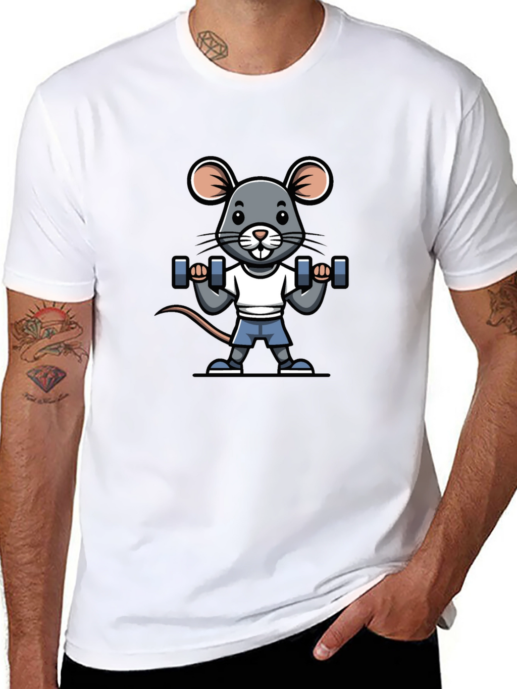 Mouse Lifting Weights Graphic Tee - Black Cotton