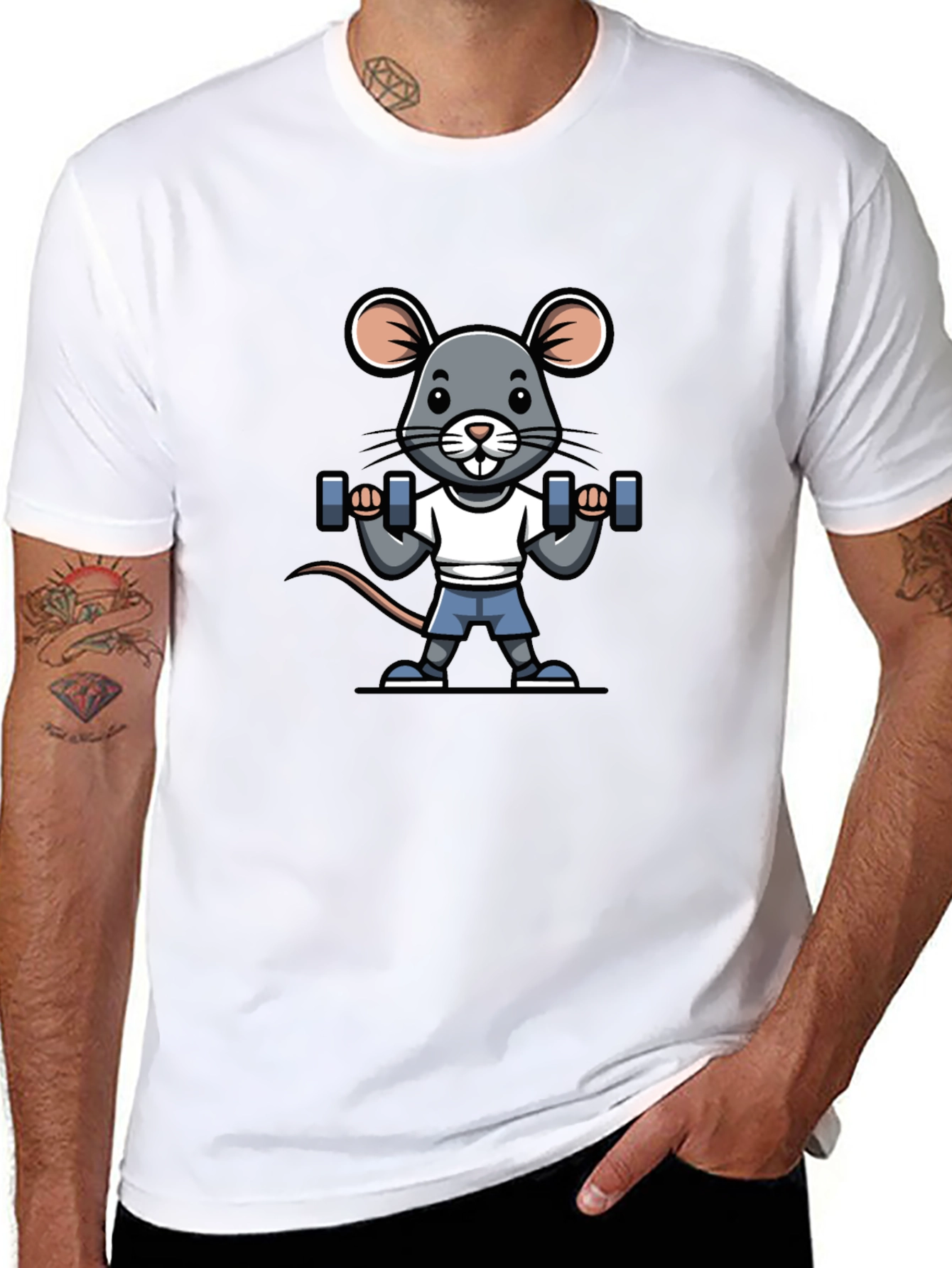 Mouse Lifting Weights Graphic Tee - Black Cotton