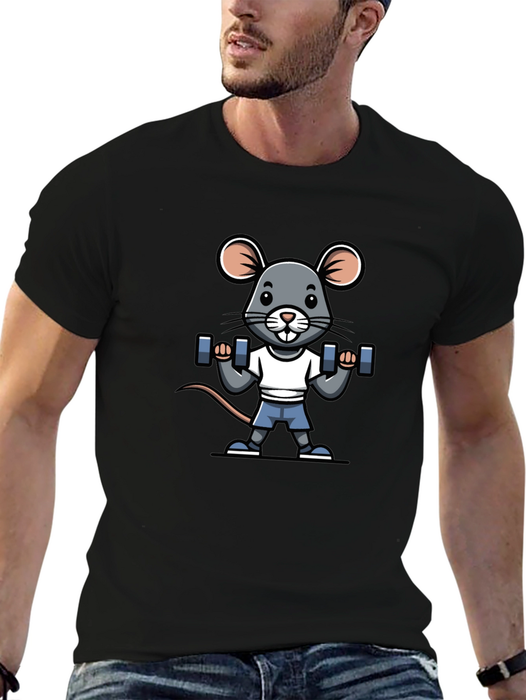 Mouse Lifting Weights Graphic Tee - Black Cotton