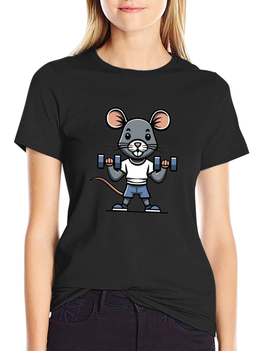 Mouse Lifting Weights Graphic Tee - Black Cotton