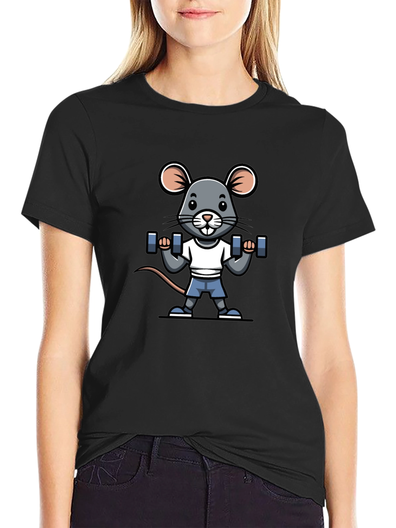 Mouse Lifting Weights Graphic Tee - Black Cotton