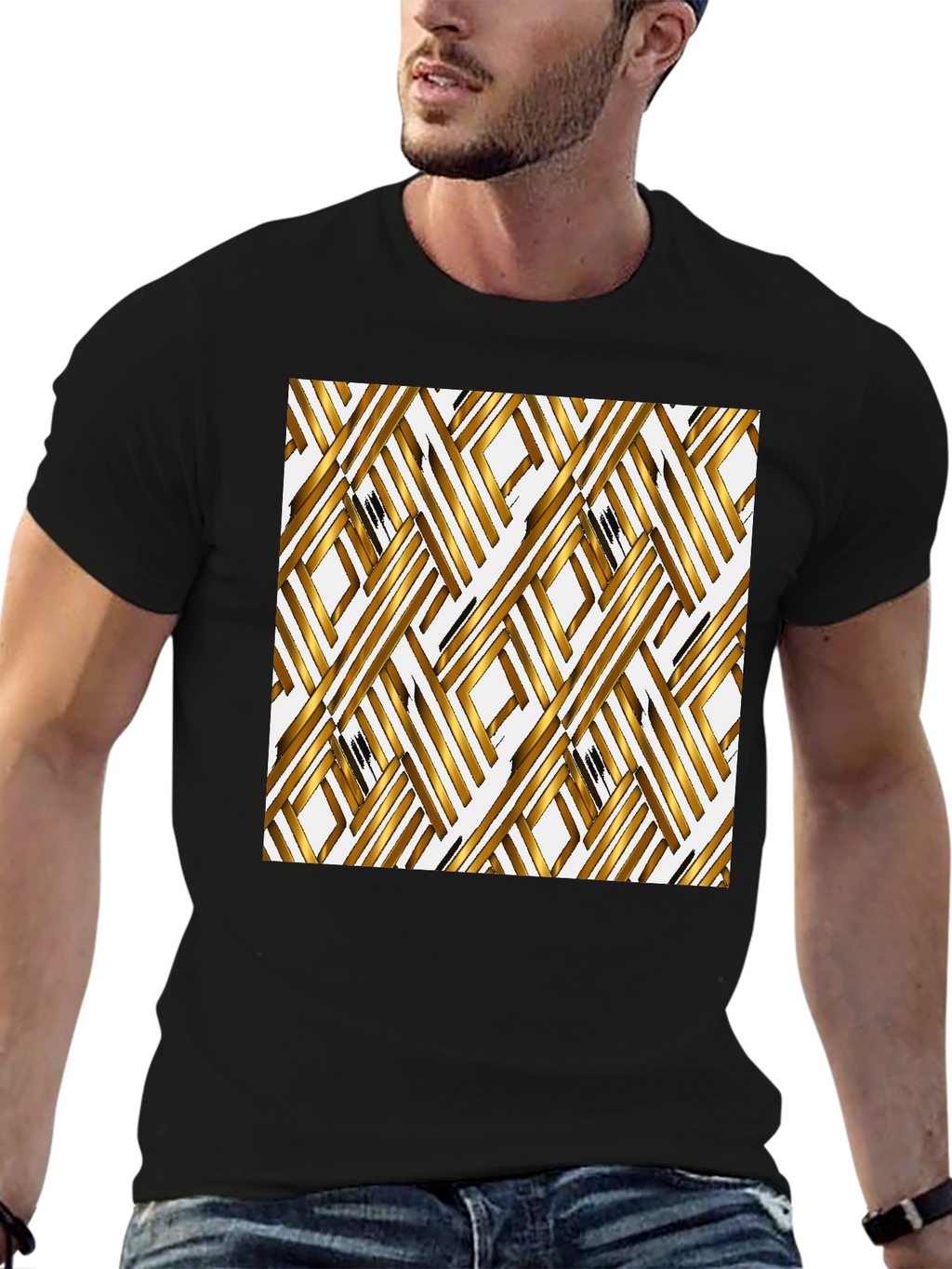 Gold Geometric Pattern Black T-Shirt