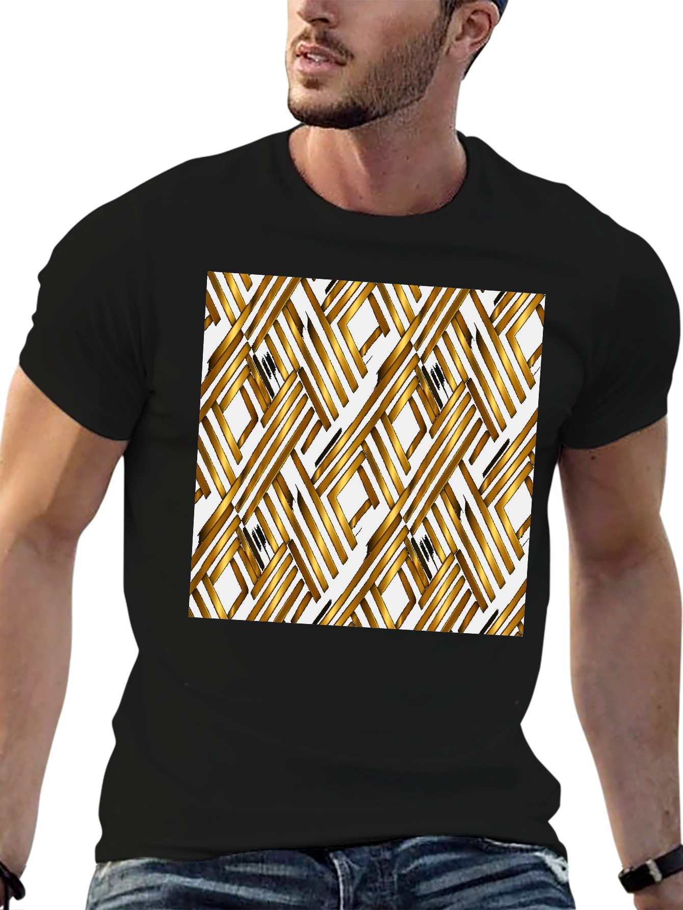 Gold Geometric Pattern Black T-Shirt