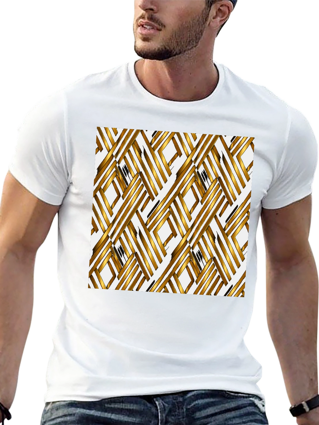 Gold Geometric Pattern Black T-Shirt
