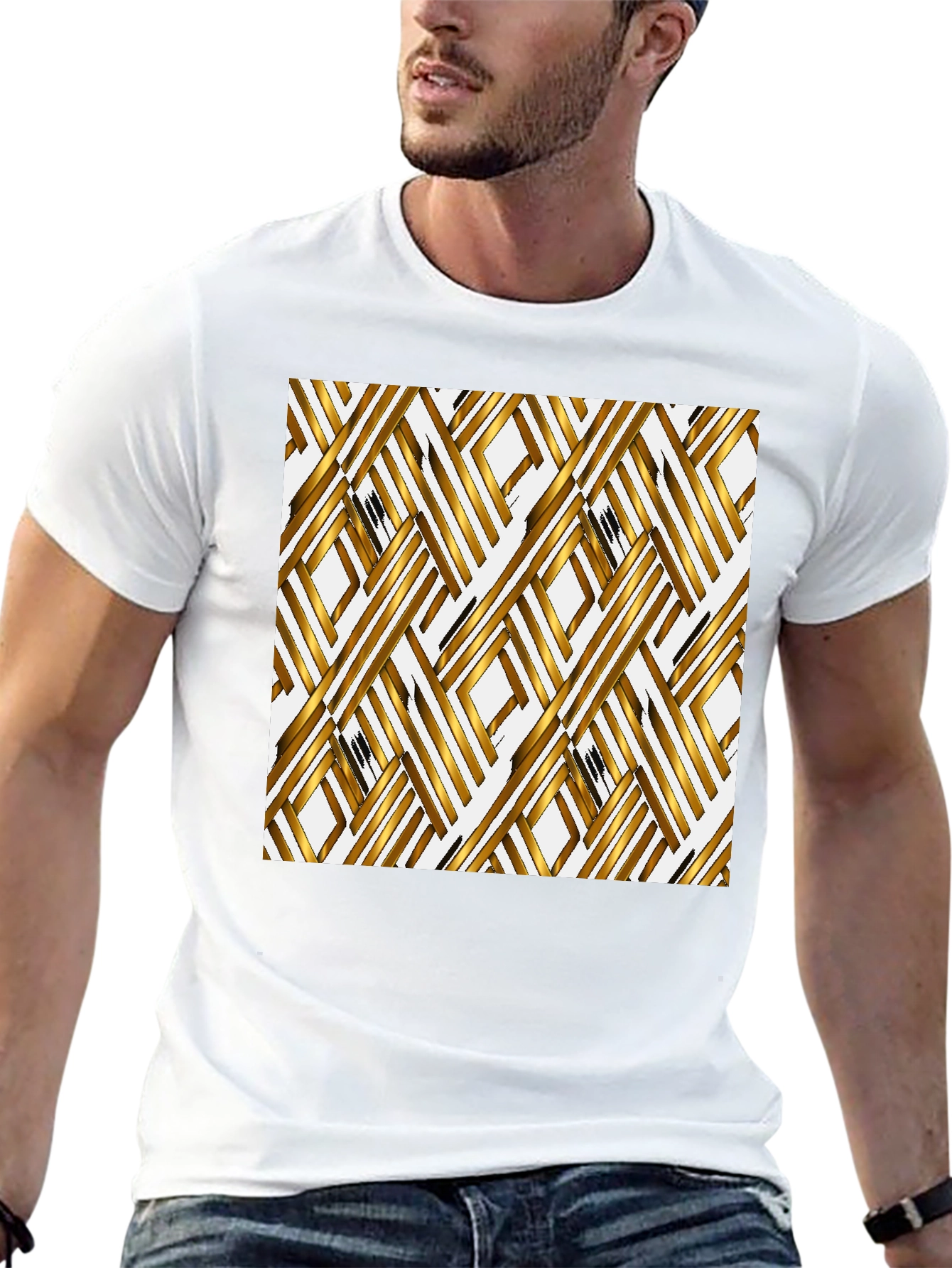 Gold Geometric Pattern Black T-Shirt