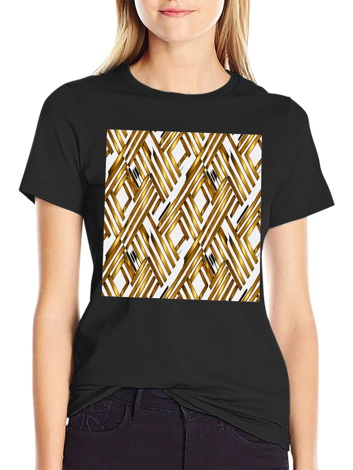 Gold Geometric Pattern Black T-Shirt