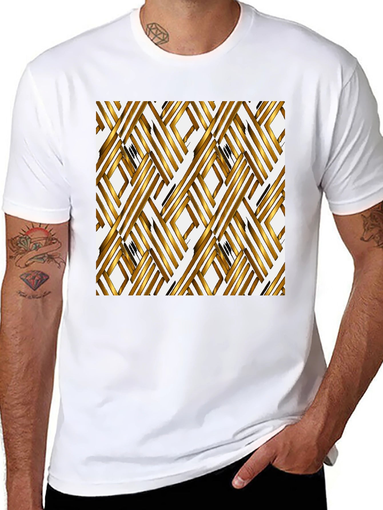 Gold Geometric Pattern Black T-Shirt