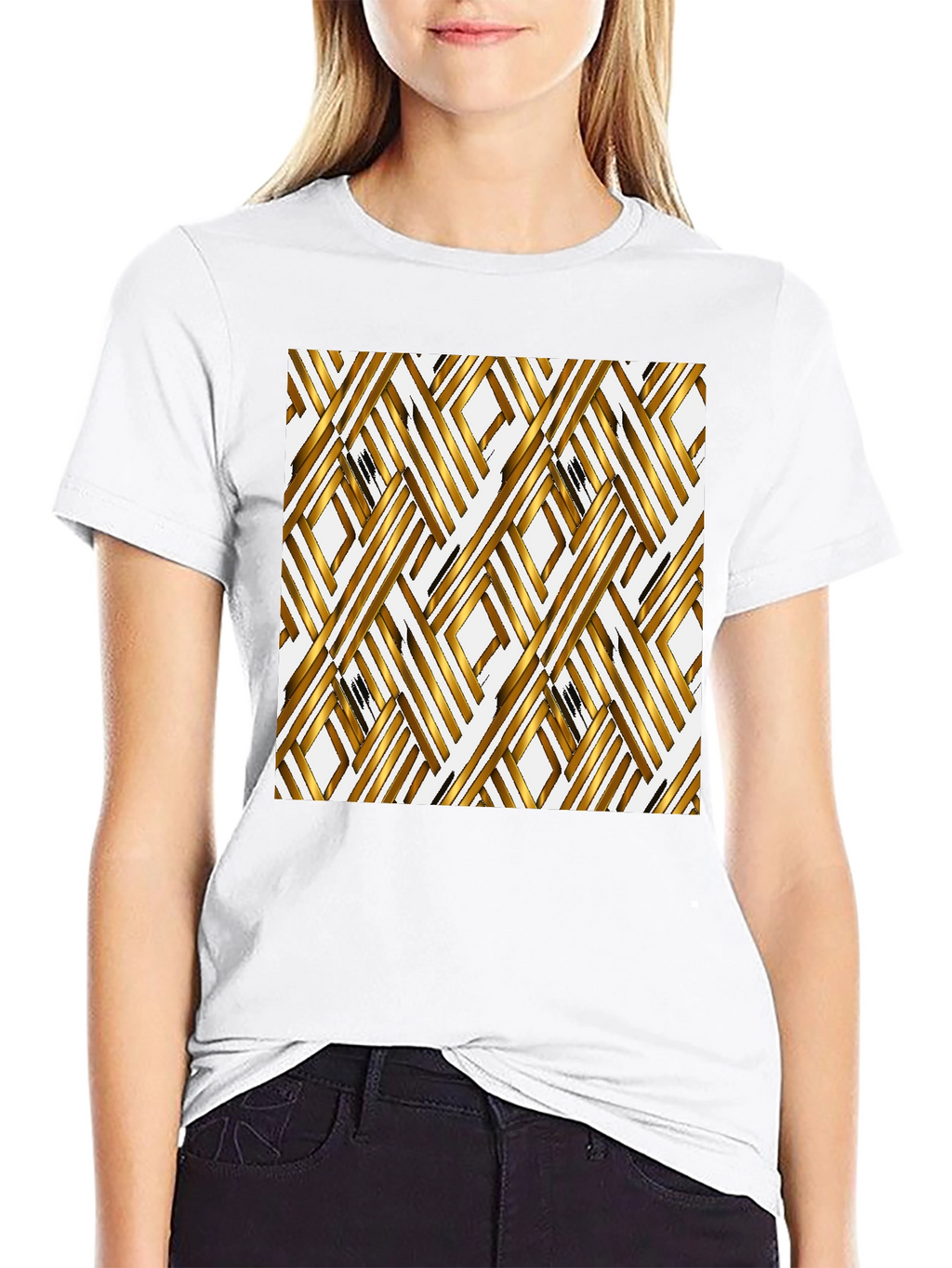 Gold Geometric Pattern Black T-Shirt